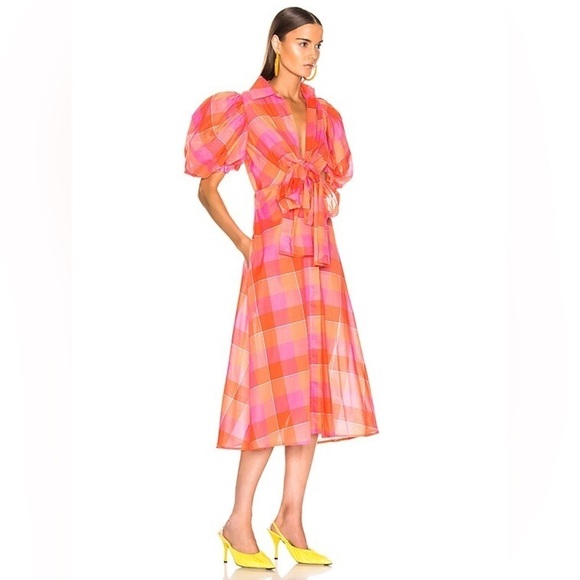 Silvia Tcherassi Perth Puff Sleeve GINGHAM A-LINE MIDI DRESS ORANGE CHECK sz Med - Picture 2 of 8